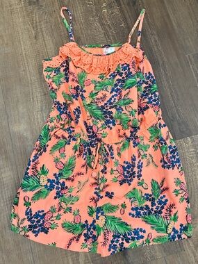 Japna Kids Peach Tropical Floral Romper with Eyelet Ruffle